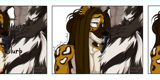 animal_genitalia anthro duo fellatio female female_penetrating female_penetrating_male genitals male male/female male_penetrated motion_lines onomatopoeia oral oral_penetration penetration penile piercing pseudo-penile_penetration pseudo-penis pseudo-penis_in_mouth pseudo_balls saliva_on_pseudo-penis sex sound_effects text shmel_aki aren_(drredhusky83) vlad_bashirin african_wild_dog canid canine hyena mammal striped_hyena absurd_res comic hi_res