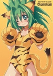 blush breasts clothed clothing female green_eyes green_hair hair looking_at_viewer one_eye_closed orange_background simple_background smile solo standing text wink kure samurai_shodown cham_cham animal_humanoid cat_humanoid felid felid_humanoid feline feline_humanoid humanoid mammal mammal_humanoid 2012 english_text