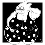 2024 absurd_res alphys anthro artist_name big_breasts big_butt black_background blush blush_lines breasts butt clothed clothing digital_media_(artwork) dress eyewear female front_view glasses hand_behind_head hand_behind_own_head hand_on_belly hand_on_own_belly hi_res huge_butt itsme_hilo lizard looking_at_viewer monochrome nipple_outline obese obese_anthro obese_female overweight overweight_anthro overweight_female pattern_clothing pattern_dress rectangular_glasses reptile scales scalie simple_background smile solo spots spotted_clothing spotted_dress standing teeth thick_thighs undertale undertale_(series)