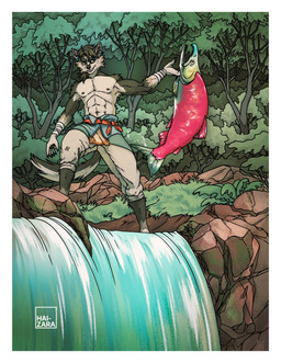 abs anthro anthrofied biceps black_body black_fur blue_eyes border calves_up claws clothed clothing detailed_background ear_piercing ear_ring finger_claws fishing forest fur fur_markings grin inner_ear_fluff male markings muscular muscular_anthro muscular_male navel nipples pawpads pecs piercing plant ring_piercing smile solo standing tail tan_body tan_fur topless topless_anthro topless_male tree tuft waterfall white_body white_border white_fur arkitect_haizara nintendo the_legend_of_zelda link_(wolf_form) aquatic canid canine canis fish mammal salmon salmonid_(fish) wolf hi_res signature