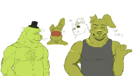 anthro barazoku body_hair calling_out chest_hair chewing clothing duo flustered hat headgear headwear male nipples romantic romantic_couple scar shirt t-shirt text tired topwear nat_is_here five_nights_at_freddy's five_nights_at_freddy's_3 scottgames golden_freddy_(fnaf) springtrap_(fnaf) bear lagomorph leporid mammal rabbit 16:9 english_text hi_res shaded simple_shading sketch widescreen