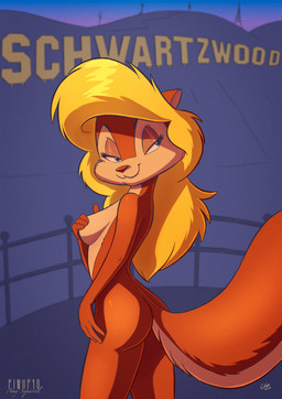 anthro bedroom_eyes blonde_hair breasts brown_body brown_fur butt convenient_censorship covering covering_breasts covering_nipples covering_self female fur hair hollywood hollywood_sign narrowed_eyes nude outside pose public public_nudity rear_view seductive semi_public side_boob sky smile solo acornart sabrina_online amy_squirrel mammal rodent sciurid tree_squirrel absurd_res hi_res pinup