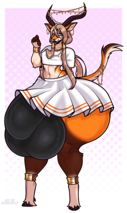 anthro balls big_balls big_bulge big_butt big_penis black_clothing black_panties black_underwear blue_eyes bottomwear bracelet breasts brown_body bulge butt clothed clothing crossdressing ear_piercing ear_ring femboy genitals glistening glistening_body gold_(metal) grey_hair hair hooves horn huge_balls huge_bulge huge_butt huge_penis hyper hyper_balls hyper_bulge hyper_butt hyper_genitalia hyper_penis jewelry lips male orange_body panties penis piercing ring_piercing skirt solo thick_thighs topwear underwear white_bottomwear white_clothing white_skirt white_topwear wide_hips garedwolf caleb_(scorchthederg) antelope bovid bovine gazelle mammal 2025 absurd_res hi_res
