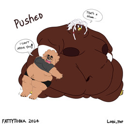 anthro belly big_belly big_breasts blush bodily_fluids body_size_growth breasts duo floppy_ears food food_fetish growing growth growth_sequence inflation love_handles male male/male moobs navel obese overweight size_difference size_shaming size_transformation sweat text thick_thighs transformation weight_gain lobi_top fattytober accipitrid accipitriform avian bird canid canine canis domestic_dog eagle mammal 1:1 english_text hi_res