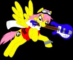 alternate_species clothing cutie_mark electric_guitar feathered_wings feathers female feral fur guitar hair mouth_hold musical_instrument pink_hair plucked_string_instrument ponification quadruped solo string_instrument tail wings yellow_body yellow_feathers yellow_fur unknown_artist fooly_cooly hasbro my_little_pony mythology haruhara_haruko haruko equid equine mammal mythological_creature mythological_equine pegasus alpha_channel