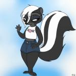 anthro barefoot biped bottomwear clothed clothing denim denim_clothing eyeshadow eyewear feet female glasses half-closed_eyes looking_aside makeup midriff narrowed_eyes purple_eyeshadow shorts smile solo standing text skelly_doll disney zootopia diana_rayablanca fan_character mammal mephitid skunk striped_skunk 1:1 2017 english_text hi_res signature