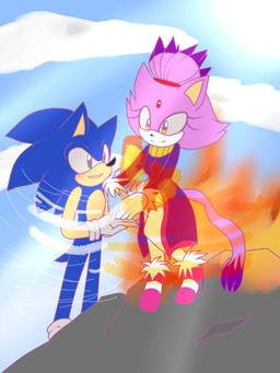 anthro blue_body duo female fire male wind goldthsky_(artist) sega sonic_the_hedgehog_(series) blaze_the_cat sonic_the_hedgehog domestic_cat eulipotyphlan felid feline felis hedgehog mammal hi_res unavailable_at_source