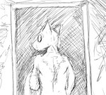 anthro black_and_white bodily_fluids canid canine clothed clothing daniel_(hladilnik) hladilnik looking_back male mammal monochrome rear_view scared simple_background sketch solo sweat topless white_background