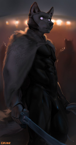 ambiguous_gender anthro armor bulge cloak clothed clothing detailed_background fur_clothing gauntlets gloves group handwear holding_object holding_weapon latex latex_clothing latex_skinsuit looking_aside looking_at_viewer male male/ambiguous male_anthro mask melee_weapon muscular muscular_male outside science_fiction skinsuit solo_focus standing sword tight_clothing weapon chunie canid canine canis mammal wolf 2020 adobe_photoshop_(artwork) digital_media_(artwork) digital_painting_(artwork) hi_res painting_(artwork)