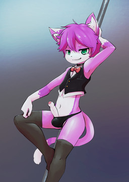 adolescent anthro big_head black_clothing bow_(feature) bow_tie bulge clothed clothing dipstick_ears dipstick_tail dutch_angle ear_markings erection foreskin fur genitals gloves_(marking) gradient_background green_eyes grin hair holding_fixture humanoid_genitalia humanoid_penis inner_ear_fluff legwear looking_at_viewer male markings midriff multicolored_ears multicolored_tail naughty_face navel on_one_leg partially_retracted_foreskin penis penis_poking_out pink_body pink_fur pole purple_body purple_fur purple_hair short_hair shota simple_background skimpy smile solo standing stockings tail tail_markings topwear tuft vest white_body white_clothing white_fur young young_anthro nobusuke kigenta domestic_cat felid feline felis mammal hi_res