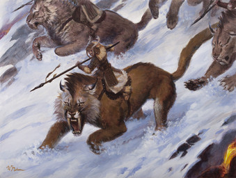 armor bracers charging duo_focus ear_tuft feral group headgear helmet holding_object holding_weapon lava leather leather_armor melee_weapon mount on_top on_top_of open_mouth polearm quadruped riding saddle snarling snow spear tuft weapon winona_nelson hasbro magic:_the_gathering wizards_of_the_coast felid feline human lynx mammal prehistoric_species saber-toothed_tiger official_art signature traditional_media_(artwork)