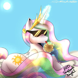 butt coconut crown cutie_mark drinking_straw drinking_straw_in_mouth drupe_(fruit) eyewear feathered_wings feathers female feral food fruit glowing gold_(metal) hair headgear horn levitation magic multicolored_hair nude outside plant princess royalty sky solo sparkles sun sunglasses tail white_body white_feathers wings night_creep friendship_is_magic hasbro my_little_pony mythology princess_celestia_(mlp) equid equine mammal mythological_creature mythological_equine winged_unicorn 1:1 2012 hi_res