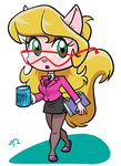 anthro blonde_hair bottomwear clothing coffee_mug eyewear female glasses green_eyes hair legwear necktie pantyhose ring_binder skirt solo suit unknown_artist hanna-barbera swat_kats callie_briggs domestic_cat felid feline felis mammal