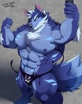 anthro biceps blue_body blue_fur body_hair bulge cellphone chest_hair clothing electronics fur male muscular muscular_anthro muscular_male navel nipples phone selfie smartphone solo thong underwear hisashiyo_0705 lifewonders tokyo_afterschool_summoners tindalos_(tas) canid canine canis goo_creature mammal wolf hi_res