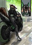 anthro armor big_butt butt clothing female futuristic green_sky gun headgear helmet holstered_pistol motorcycle outside ranged_weapon riding_motorcycle sky solo vehicle weapon wearing_helmet convolute vanessa_black canid canine canis jackal mammal absurd_res hi_res