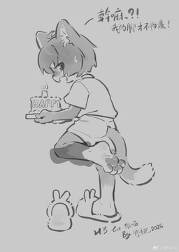 4_toes 5_fingers ahoge anthro bangs birthday_cake black_nose blush blush_lines bodily_fluids bottomwear bunny_slippers cake candle cat_tail circle_eyebrows clothed clothing collared_shirt dessert disembodied_hand dress_shirt duo eyebrow_through_hair eyebrows feet fingers food foot_fetish foot_focus foot_grab foot_play footprint footwear fur glistening glistening_pawpads hair happy_birthday holding_cake holding_food holding_object holding_tray inner_ear_fluff leg_markings looking_at_viewer looking_back male markings offscreen_character open_mouth pawpads paws questionable_consent raised_foot shirt shoes shorts simple_background slippers socks_(marking) standing sweat sweatdrop sweaty_feet tan_background text toes topwear translucent translucent_hair tuft weibo_logo white_body white_fur young young_anthro young_male teien weibo domestic_cat felid feline felis mammal absurd_res chinese_text hi_res monochrome signature translated