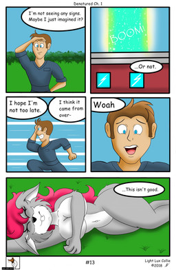 after_transformation anthro cloth clothed clothing comic_panel dialogue duo female fur gender_transformation grey_body grey_fur growth hair male nude nude_anthro partially_clothed pink_hair running snout snout_growth speech_bubble tail text toony torn_clothing transformation unconscious unconscious_anthro unconscious_female wardrobe_malfunction yellow_eyes lightluxcollie denatured_(lightluxcollie) mythology chance_(lightluxcollie) faye_(lightluxcollie) canid canine canis human mammal wolf 2018 comic english_text hi_res story