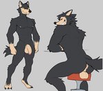 anthro anus balls black_body black_fur butt fur genitals humanoid_genitalia humanoid_penis looking_back male multiple_poses muscular muscular_anthro muscular_male nude penis pose sitting smile solo yellow_sclera jrjresq canid mammal 2023 hi_res