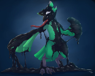 ambiguous_gender anthro avian_feet black_goo bodily_fluids claws corruption drooling feathers latex long_tongue peril saliva scared sharp_teeth simple_background solo tail tail_feathers teeth toe_claws tongue transformation wings mowshi merle_byrdde avian bird symbiote 5:4 hi_res