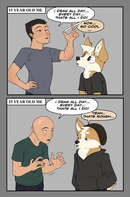 anthro balding beanie clothing comparison dialogue hat headgear headwear hoodie shirt speech_bubble t-shirt text time_skip topwear two_panel_image corginamedbruno bruno_(corginamedbruno) canid canine canis domestic_dog herding_dog human mammal pastoral_dog welsh_corgi absurd_res comic english_text hi_res