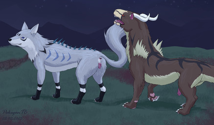 animal_genitalia animal_vulva anus back_markings back_spikes black_feet blue_body blue_eyes blue_fur brown_body brown_fur butt canine_genitalia canine_vulva claws detailed_background duo fangs feet female feral fur genitals horn imminent_sex leg_markings looking_at_another looking_at_partner looking_back looking_back_at_another looking_back_at_partner male male/female markings mountain mouth_closed night open_mouth outside pawpads penis pointy_ears presenting presenting_anus presenting_hindquarters presenting_vulva pupils raised_tail red_eyes seductive sky slit_pupils socks_(marking) spikes spikes_(anatomy) star starry_sky stripes tail tail_under_chin tan_body tan_fur teeth toe_claws vulva pokegontc canid canine felkin fox mammal 2025 dated hi_res signature