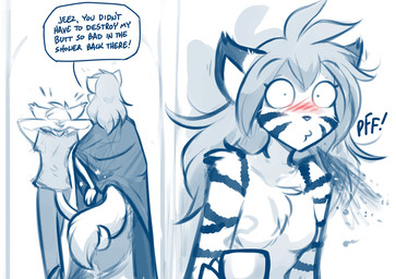 anthro biped blush blush_lines bottomwear breasts casual_nudity clothed clothed/nude clothed_anthro clothed_female clothed_male clothing dialogue entwined_tails female front_view fully_clothed fully_clothed_anthro fully_clothed_female fully_clothed_male fur group male nude nude_anthro nude_female rear_view rubbing_butt speech_bubble spitting_drink spitting_sound_effect standing stripes tail tail_coil text topwear trio conditional_dnp tom_fischbach twokinds flora_(twokinds) keith_keiser natani basitin keidran mammal 2026 english_text