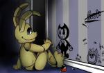 anthro black_body bow_(feature) bow_tie looking_at_viewer machine male plushie sitting solo andiiiematronic bendy_and_the_ink_machine five_nights_at_freddy's five_nights_at_freddy's_4 scottgames tattletail bendy_the_dancing_demon plushtrap_(fnaf) tattletail_(character) animatronic lagomorph leporid mammal rabbit robot 2017 digital_media_(artwork) hi_res