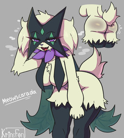 anthro big_breasts big_butt breast_curtains breasts butt eyelashes female front_view fur green_body green_fur grey_background hand_behind_head looking_at_viewer mask open_mouth open_smile pupils purple_eyes purple_nose simple_background slit_pupils smile solo tail thick_thighs wide_hips krinsfon nintendo pokemon generation_9_pokemon meowscarada pokemon_(species) shiny_pokemon 2025 digital_media_(artwork) hi_res