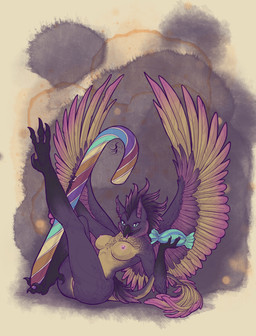 anthro candy candy_cane dessert feathers female feminine_pose food genitals green_eyes pinup_poster pose purple_body solo vulva dragonlovers natoli mythology avian gryphon mythological_avian mythological_creature absurd_res hi_res pinup