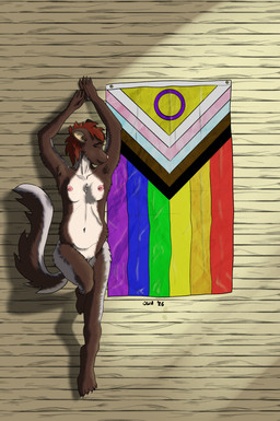 anthro bent_legs female floor intersex-inclusive_progress_pride_colors lgbt_pride light light_beam lying navel nipples nude_anthro on_back on_ground pride_color_flag progress_pride_colors solo sunbeam sunlight tail text wood wood_floor otterwolfashe lgbt_pride_month river_(otterwolfashe) canid canine canis hybrid mammal mustelid otter wolf digital_media_(artwork) english_text hi_res trans_(lore) trans_woman_(lore)