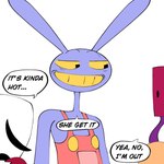 ambiguous_gender anthro clothed clothing comic english_text female gangle_(tadc) glitch_productions group hi_res humanoid jax_(tadc) joyfulpeanutfest lagomorph leporid male mammal rabbit speech_bubble text the_amazing_digital_circus trio zooble_(tadc)