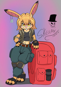 anthro backpack belt belt_buckle bottomwear buckle claws clothing cropped_topwear dog_tags elbow_pads eyewear female fingerless_gloves footwear glasses gloves handwear knee_pads military_jacket pants pockets solo teeth yellow_eyes skeleboy lagomorph mammal hi_res