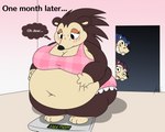 2019 animal_crossing anthro belly belly_squish big_belly big_breasts black_eyes blush breasts brown_body brown_fur cleavage clothed clothing digital_media_(artwork) dress embarrassed english_text eulipotyphlan eyelashes female fur group half-closed_eyes hedgehog holding_belly inner_monologue inside jouigidragon label_able laugh mabel_able mammal multicolored_body multicolored_fur narrowed_eyes navel nintendo obese obese_anthro obese_female overweight overweight_anthro overweight_female sable_able sibling_(lore) sister_(lore) sisters_(lore) solo_focus squish tan_body tan_fur text thought_bubble trio two_tone_body two_tone_fur underwear weighing_scale weight_conscious weight_gain