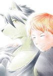 anthro black_clothing black_shirt black_tank_top black_topwear claws clothing duo eyes_closed fur grey_body grey_fur grey_hair hair head_on_shoulder male male/male red_hair shirt tank_top topwear yellow_eyes ig1119 morenatsu hiroyuki_(morenatsu) kouya_(morenatsu) canid canine canis domestic_dog human husky mammal nordic_sled_dog spitz 2011