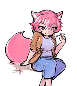 anthro blue_bottomwear blue_clothing blue_pants bottomwear breasts clothed clothing female hair holding_object holding_pen hoodie inner_ear_fluff looking_at_viewer modern_clothes pants pen pink_hair pink_tail red_eyes shirt simple_background sitting smile smiling_at_viewer solo t-shirt tail text topwear tuft white_void nachan emily_(nachan) animal_humanoid canid canine fox humanoid mammal mammal_humanoid absurd_res digital_media_(artwork) hi_res