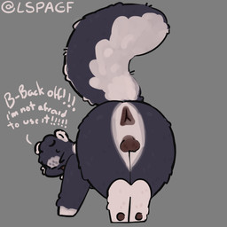 anthro balls darkened_balls darkened_genitalia dialogue fluffy fluffy_tail genitals grey_background male multicolored_body pawpads presenting purple_body scared shy simple_background solo tail two_tone_body warning lspagf skunk_(lspagf) mammal mephitid skunk 1:1 absurd_res hi_res