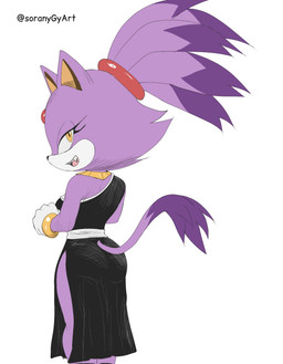 accessory anthro bedroom_eyes black_clothing black_mouth bracelet breasts butt clothing eyelashes female forehead_gem gem gloves gold_(metal) gold_bracelet gold_jewelry hair hair_accessory hairband handwear jewelry looking_back multicolored_body narrowed_eyes open_mouth open_smile pink_tongue purple_body purple_ears purple_hair purple_tail rear_view red_gem red_hairband seductive sharp_teeth simple_background small_breasts smile solo tail tan_inner_ear teeth text tongue two_tone_body white_background white_body white_clothing white_gloves white_handwear yellow_eyes soranygyart sega sonic_the_hedgehog_(series) blaze_the_cat domestic_cat felid feline felis mammal 2026 artist_name colored digital_media_(artwork) flat_colors hi_res