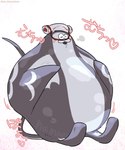 :3 anthro belly blush grey_body male overweight overweight_male sitting solo stinger_tail text hisashino nintendo splatoon big_man_(splatoon) fish marine ray_(fish) stingray 5:6 hi_res japanese_text