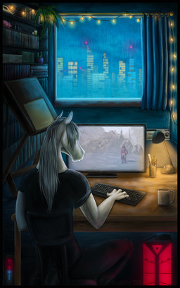anthro biped book bookshelf city cityscape clothed clothing computer computer_games computer_keyboard container cozy cup desk electronics fully_clothed furniture inside lamp mug plant plant_pot potted_plant raining rear_view sitting solo solo_in_panel string_lights table window brushfire equid equine horse mammal digital_media_(artwork) hi_res portrait three-quarter_portrait