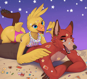 4_toes 5_fingers anthro beak biped blue_eyes breasts brown_body brown_fur butt claws clothed clothed_anthro clothed_female clothed_male clothing duo feathers feet female finger_claws fingers fur lying male on_front open_mouth open_smile panties pantsless pantsless_anthro pantsless_female partially_clothed partially_clothed_anthro partially_clothed_female partially_clothed_male pawpads paws smile tail teeth toe_claws toes tongue topless topless_anthro topless_male underwear yellow_body yellow_eyes yellow_feathers yellow_tail togaed five_nights_at_freddy's scottgames chica_(fnaf) foxy_(fnaf) avian bird canid canine chicken fox galliform mammal phasianid 2025 digital_drawing_(artwork) digital_media_(artwork) hi_res