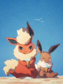 ambiguous_gender brown_body brown_fur dessert duo feral fluffy food food_on_face fur happy holding_food holding_ice_cream holding_object ice_cream ice_cream_cone paws red_body red_fur ruff sitting sky soft_serve_ice_cream tan_body tan_fur white_body white_fur arc_draws nintendo pokemon ambient_bird eevee eeveelution flareon generation_1_pokemon pokemon_(species) 2023 3:4 digital_media_(artwork) hi_res