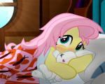 bed blush droopy_eyes female feral furniture hair hooves inside long_hair looking_at_viewer on_bed on_model pillow pink_hair plushie solo teal_eyes yellow_body ponyecho friendship_is_magic hasbro my_little_pony fluttershy_(mlp) equid equine horse mammal pony 2016 5:4 digital_media_(artwork) hi_res