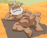 balls beard demon facial_hair feet flaccid genitals hand_on_belly hand_on_head hi_res humanoid looking_at_viewer lying male mature_male on_back penis posduroo pubes sand_land solo thief_(sand_land)