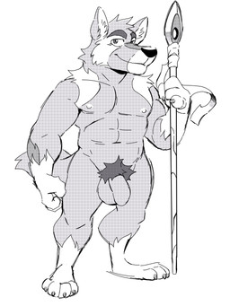 4_toes anthro balls feet flaccid foreskin genitals humanoid_genitalia humanoid_penis male melee_weapon nipples nude penis plantigrade polearm pubes simple_background solo spear standing toes weapon white_background vasuki aetherel canid canine canis mammal wolf absurd_res halftone hi_res source_request