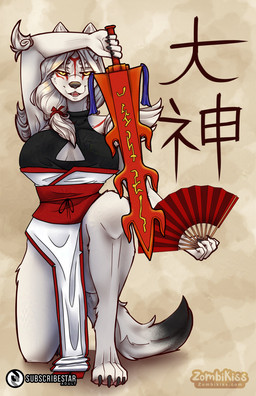 anthro anthrofied arm_tuft black_body black_fur claws clothed clothing dipstick_tail elbow_tuft female fur holding_melee_weapon holding_object holding_weapon kneeling looking_at_viewer markings melee_weapon on_one_knee open_mouth pose sword tail tail_markings tuft weapon white_body white_fur yellow_eyes zombikiss capcom clover_studio okami_(capcom) amaterasu_(okami) canid canine canis deity domestic_dog mammal 2023 digital_drawing_(artwork) digital_media_(artwork) hi_res
