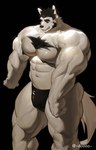 abs anthro big_biceps big_deltoids big_pecs black_background black_hair black_nipples chest_tuft clenched_teeth clothed clothing deltoids facial_hair flexing_muscles fur hair male muscular muscular_anthro muscular_arms muscular_legs muscular_male muscular_thighs navel nipples pecs sideburns simple_background solo teeth thong thong_only topless tuft twitter_handle underwear underwear_only vein veiny_arms veiny_muscles white_body white_fur doooo2424 canid canine canis mammal wolf 2023 artist_name hi_res