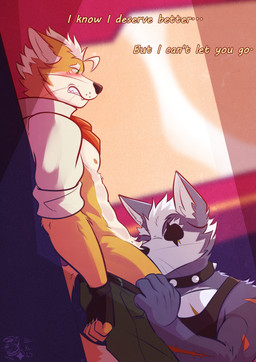 against_surface against_wall anthro bathroom bipples black_clothing black_shirt black_tank_top black_topwear blush bottomwear bottomwear_down clenched_teeth clothed clothing collar duo eye_patch eyewear fellatio kerchief male male/male muscular muscular_male neckerchief neckwear open_clothing open_shirt open_topwear oral pants pants_down partially_clothed penile scar sex shirt spiked_collar spikes tank_top teeth text topwear ventkazemaru nintendo star_fox fox_mccloud wolf_o'donnell canid canine canis fox mammal wolf hi_res