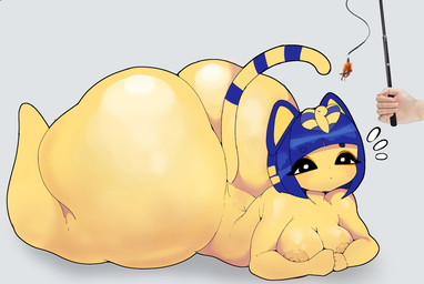 anthro areola big_butt biped blue_hair breasts butt cat_toy disembodied_hand duo emanata faceless_character female female_anthro glistening glistening_areola glistening_breasts glistening_butt grey_background hair huge_butt hyper hyper_butt lying mostly_offscreen_character nipples nude nude_anthro nude_female on_front simple_background solo_focus tail thick_thighs yellow_body cottonwaffle animal_crossing nintendo ankha_(animal_crossing) domestic_cat felid feline felis mammal 2026 digital_drawing_(artwork) digital_media_(artwork) hi_res mixed_media photography_(artwork)
