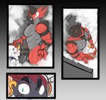 absurd_res anthro balls black_balls black_penis blush bodily_fluids butt canid canine cinderace comic duo erection felid feline fellatio forced forced_oral fur generation_5_pokemon generation_7_pokemon generation_8_pokemon genitals hand_on_head hi_res incineroar janslobonejo lagomorph male male/male male_penetrated male_penetrating mammal muscular muscular_anthro muscular_male nintendo nude oral oral_penetration penetration penile penis pokemon pokemon_(species) question_mark sex sweat vein white_body white_fur zoroark