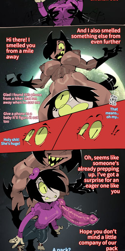 animal_genitalia animal_penis big_breasts biped black_bottomwear black_clothing black_pants bottomwear breast_grab breasts bulge canine_genitalia canine_penis clothed clothing dialogue duo electronics erection forest fully_clothed genitals gynomorph hand_on_breast holding_object holding_phone intersex knot moon muscular nude outside pants penis phone pink_penis plant pupils purple_clothing purple_topwear sharp_teeth size_difference slit_pupils surprised teeth text topwear tree yellow_sclera toonguy100 mythology hatgirl canid canine human humanoid mammal mythological_canine mythological_creature werecanid werecanine werecreature werewolf comic english_text hi_res multiple_scenes watermark